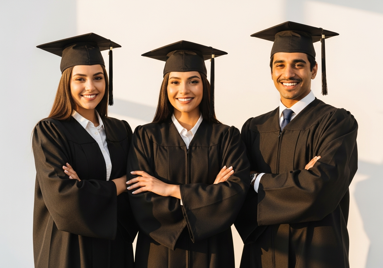 Three pharmacy graduates standing together confidently
