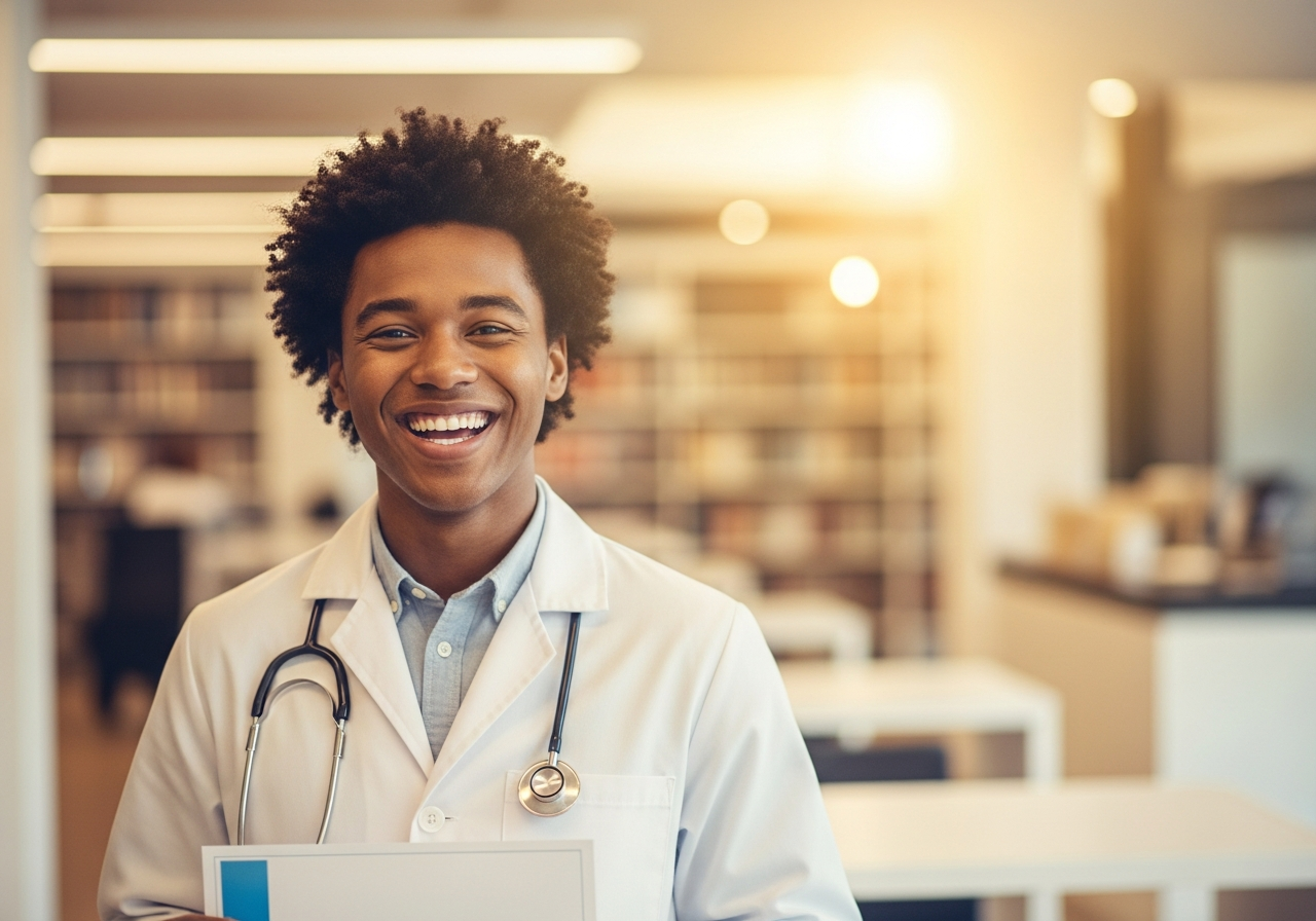 Smiling pharmacy professional celebrating exam success